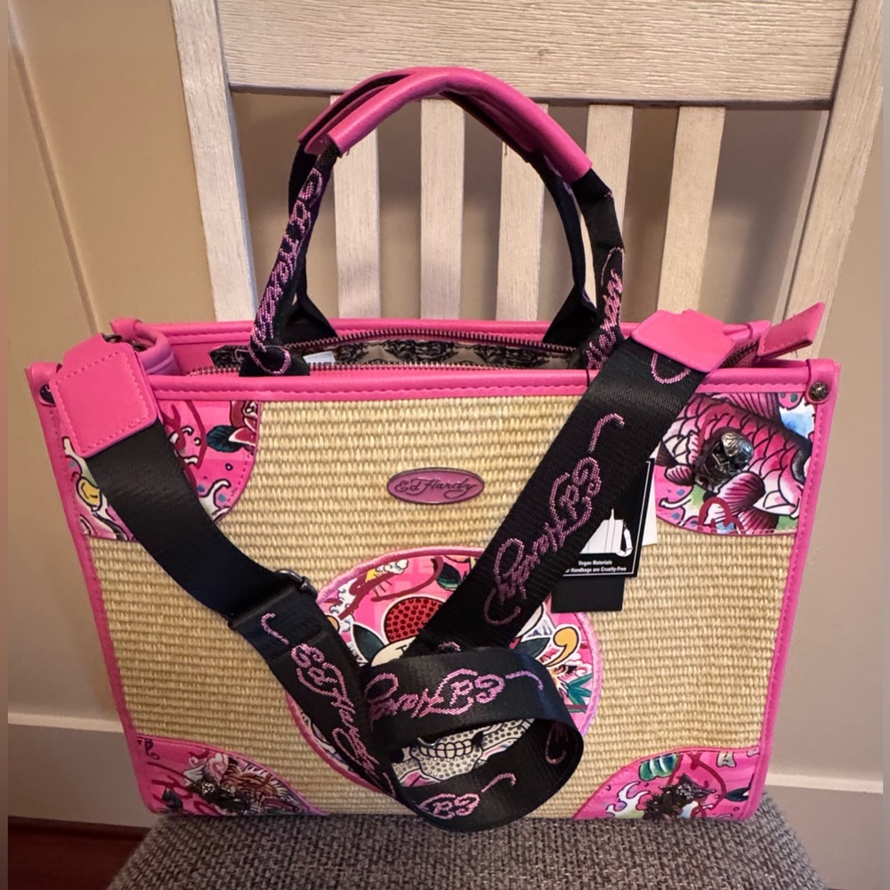 Ed Hardy Love Kills Slowly Straw Tote Bag Skull Rhinestone Tattoo Art Vegan NEW - Picture 2 of 16